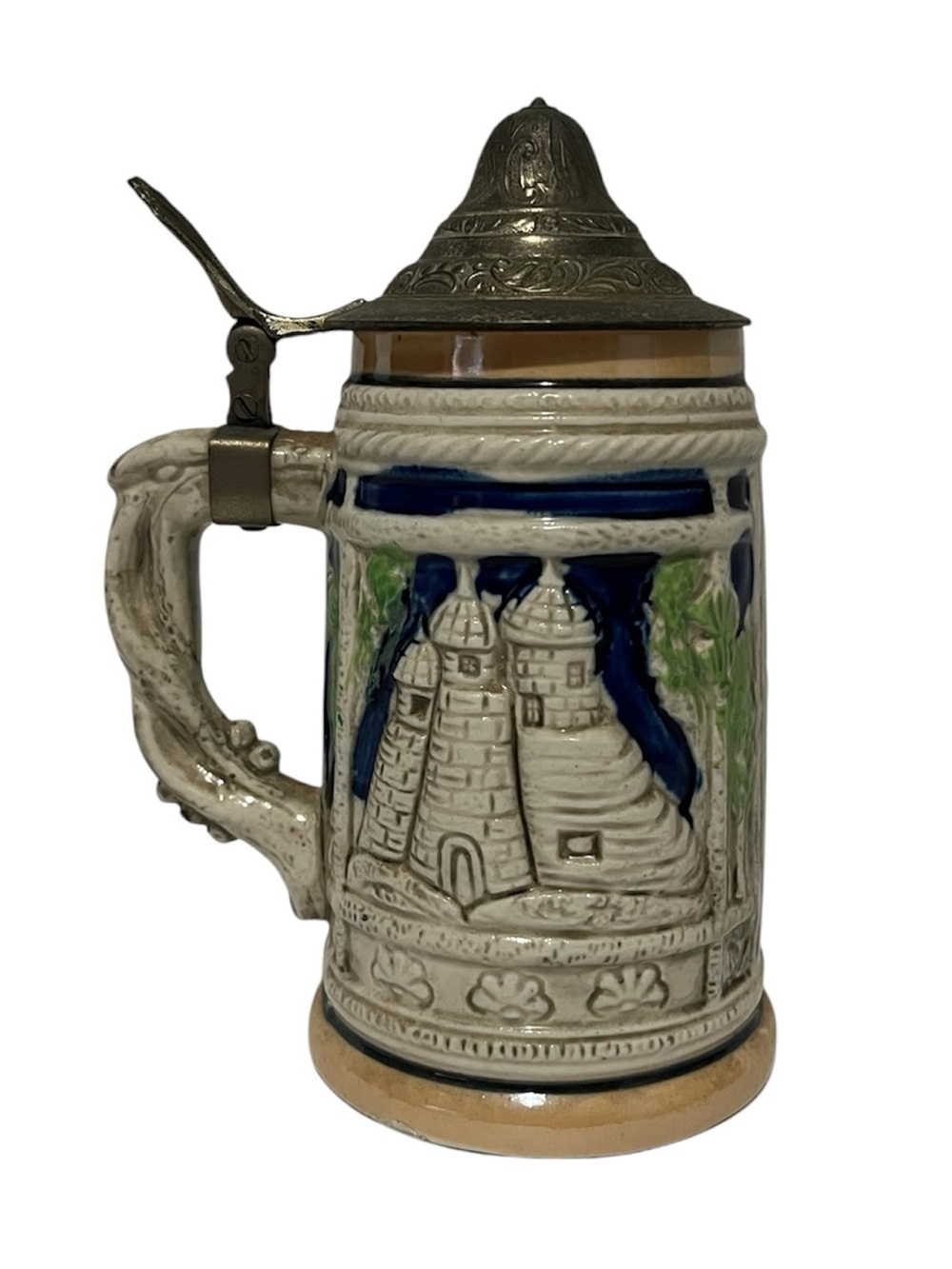 German-Style Ceramic Beer Stein with Pewter Lid - Cream and Blue